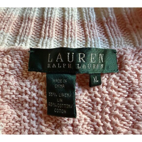 Lauren Ralph Lauren Pink Cable Knit V-Neck Sweater Linen Cotton Size XL Preppy - Picture 2 of 4